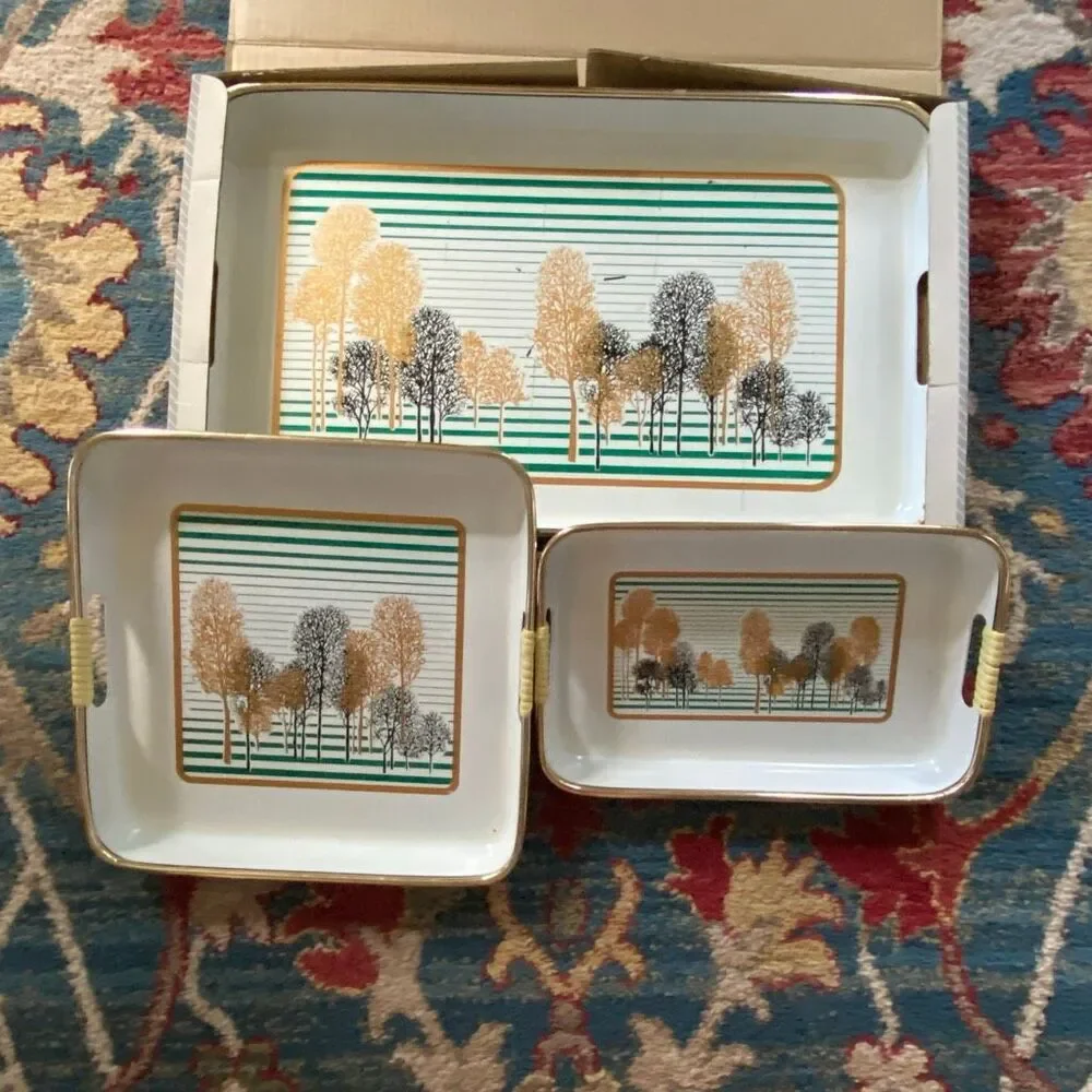 Vintage Set JAPAN Nesting Lacquerware Serving Trays Cream Trees